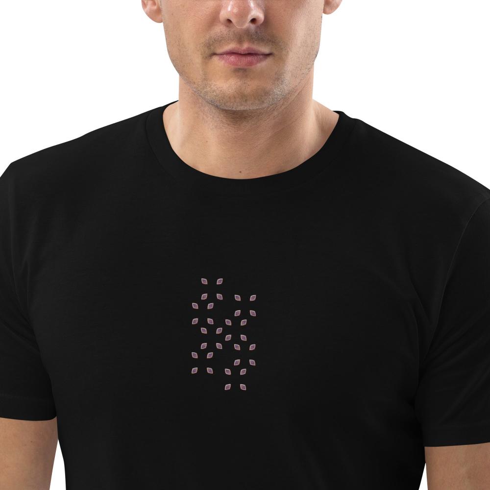 Unisex organic cotton t-shirt with delicate embroidered pattern in the center, black eco-friendly and stylish.