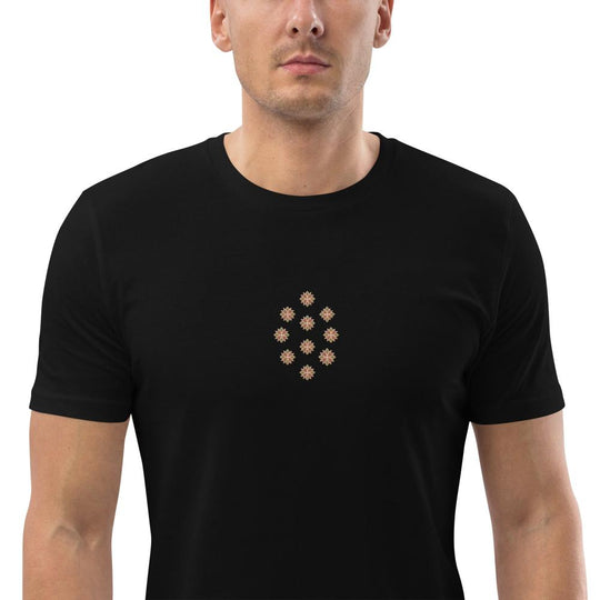 Unisex organic cotton t-shirt with delicate embroidered pattern in the center, black eco-friendly and stylish.