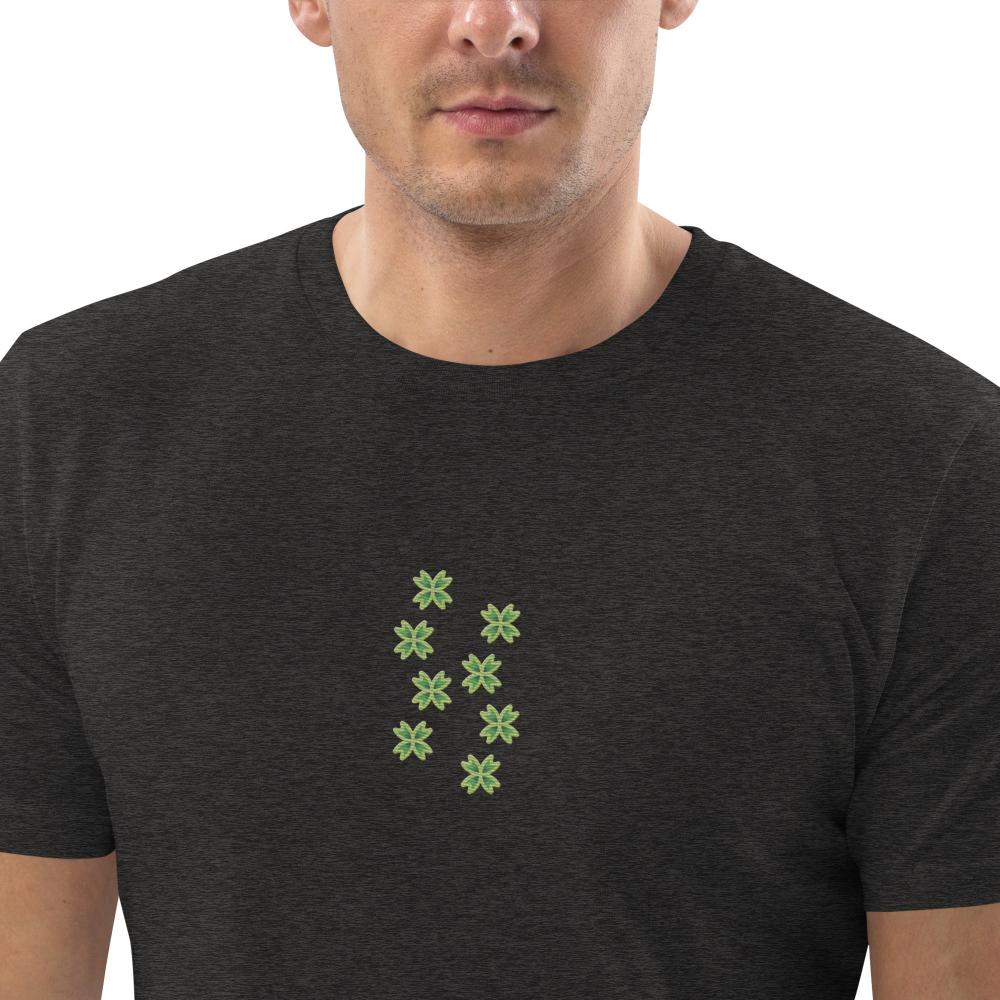 Unisex organic cotton t-shirt with delicate embroidered pattern in the center, dark heather grey eco-friendly and stylish.