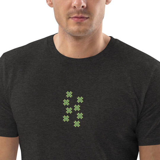 Unisex organic cotton t-shirt with delicate embroidered pattern in the center, dark heather grey eco-friendly and stylish.