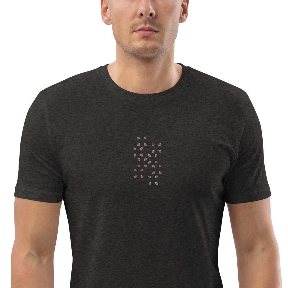 Unisex organic cotton t-shirt with delicate embroidered pattern in the center, dark heather grey eco-friendly and stylish.