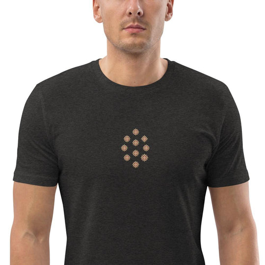 Unisex organic cotton t-shirt with delicate embroidered pattern in the center, dark heather grey eco-friendly and stylish.