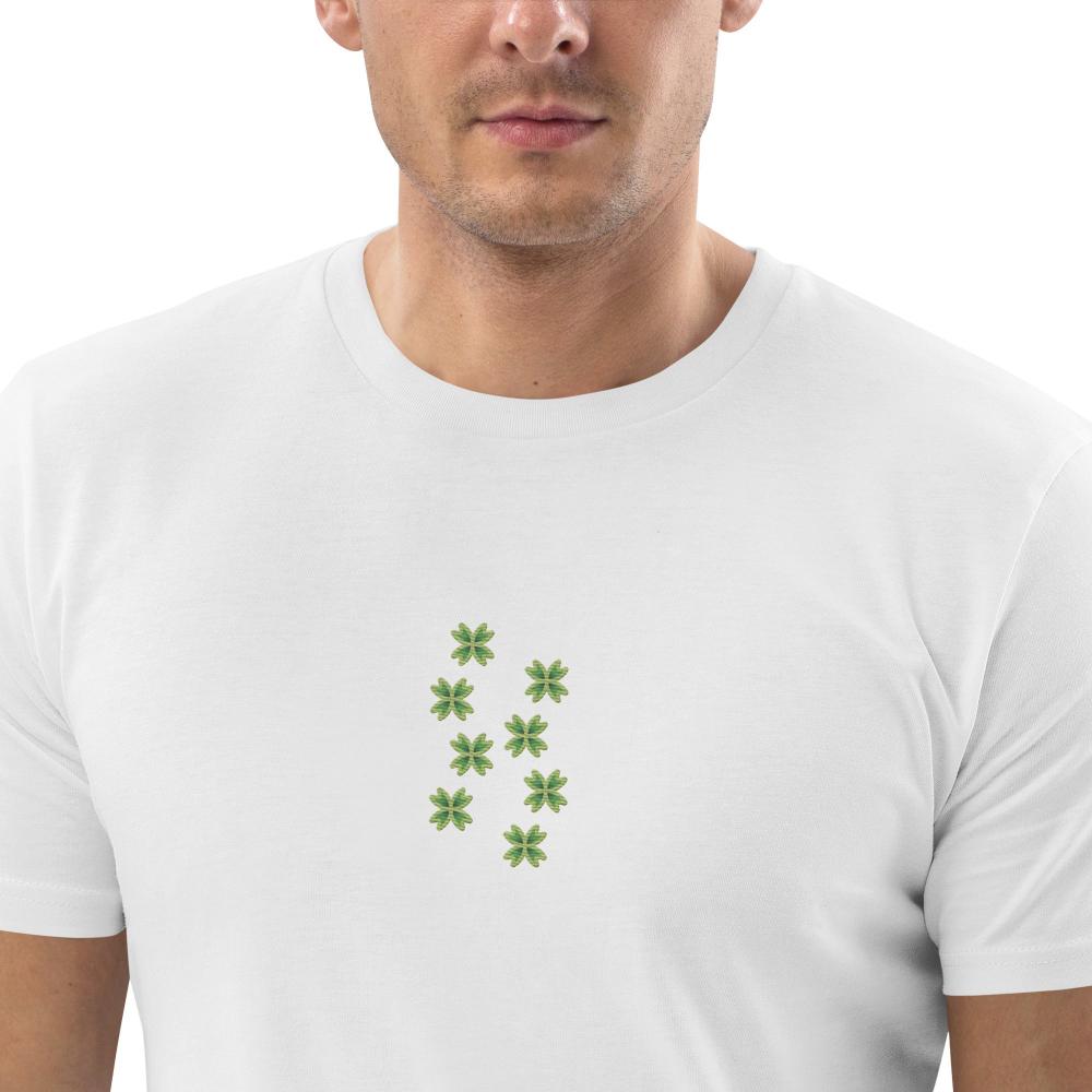 Unisex organic cotton t-shirt with delicate embroidered pattern in the center, white eco-friendly and stylish.