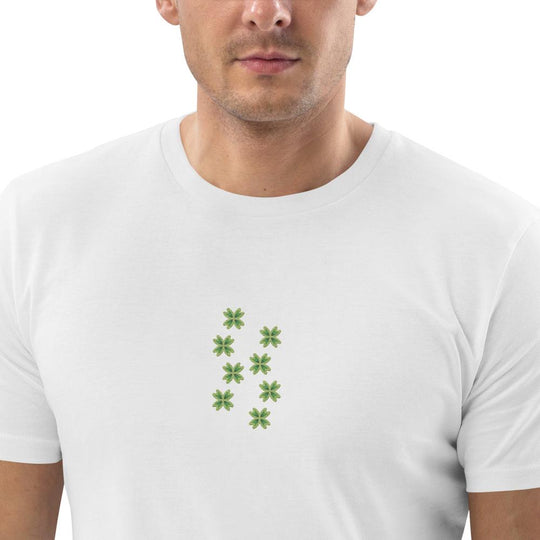 Unisex organic cotton t-shirt with delicate embroidered pattern in the center, white eco-friendly and stylish.