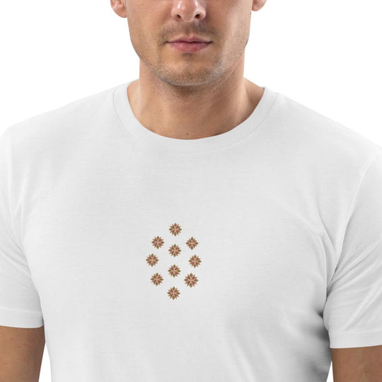 Unisex organic cotton t-shirt with delicate embroidered pattern in the center, white eco-friendly and stylish.