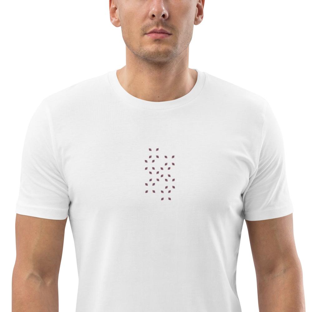 Unisex organic cotton t-shirt with delicate embroidered pattern in the center, white eco-friendly and stylish.