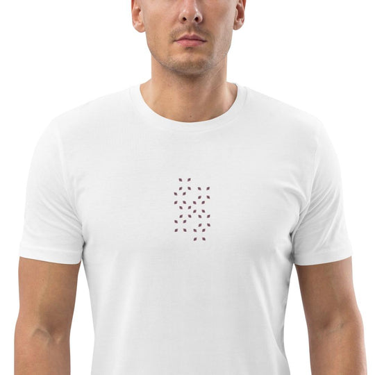 Unisex organic cotton t-shirt with delicate embroidered pattern in the center, white eco-friendly and stylish.